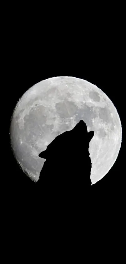 Silhouette of a wolf howling at a bright full moon against a black sky.