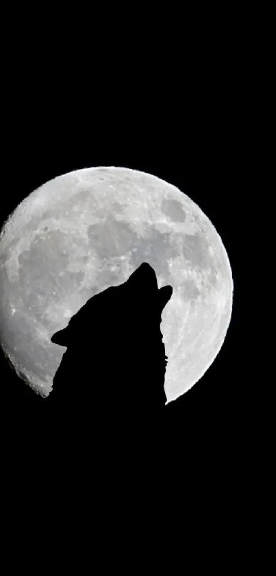 A wolf silhouette howling at a full moon with a dark sky background.