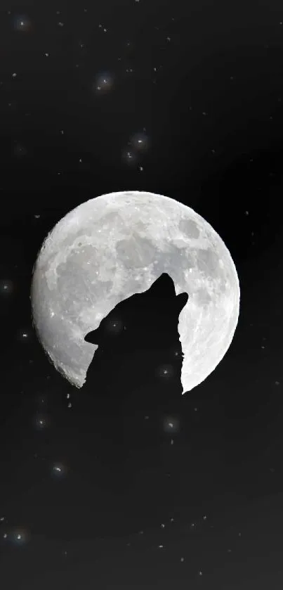 Silhouette of wolf howling at the full moon in a dark night sky.