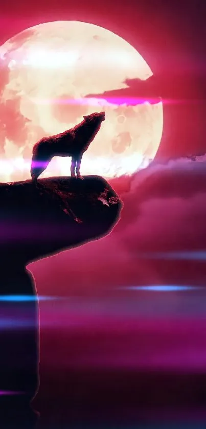 Wolf silhouette on cliff with glowing full moon in pink and purple hues.