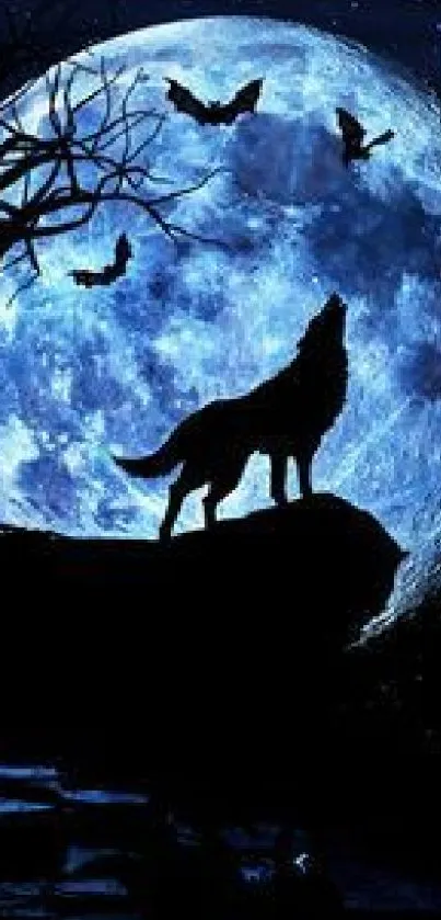 Silhouette of a wolf howling at a bright full moon in a night sky.