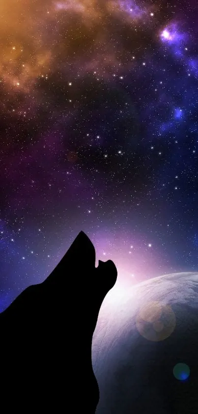 Silhouette of a wolf howling at a colorful, galaxy-filled sky with stars.