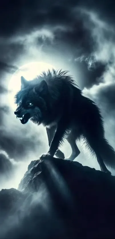 Wolf silhouette howling at the full moon.