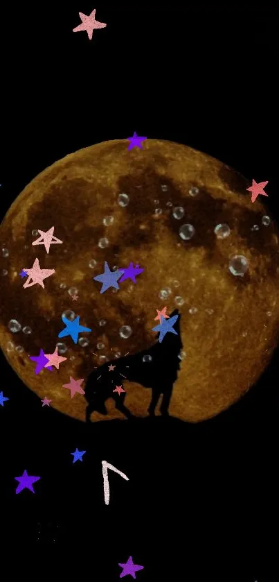 Dark wallpaper with wolf, moon, and stars.
