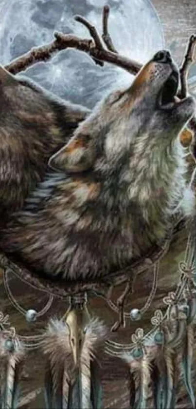 Illustration of wolves howling with feathers and moon.