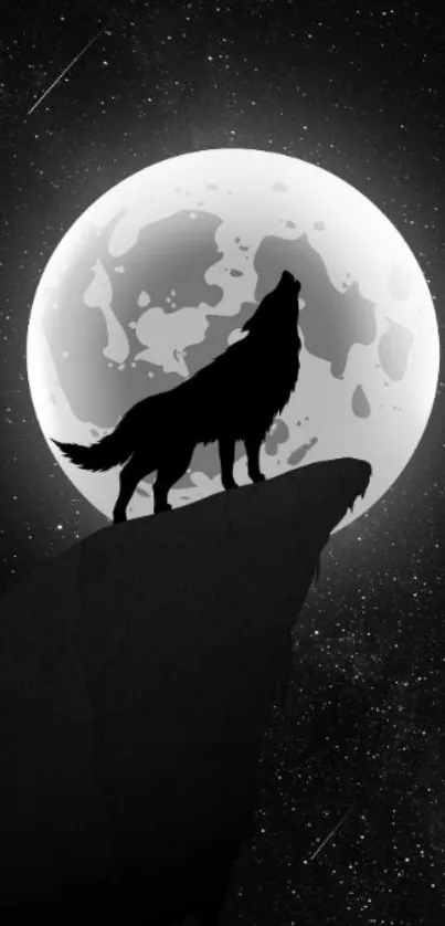 Wolf howling at the full moon with a starry night background.