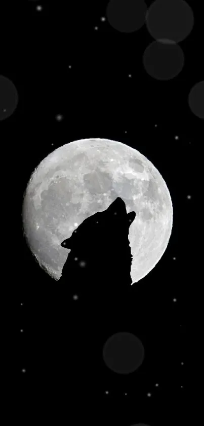 Silhouette of a wolf howling before a bright full moon.