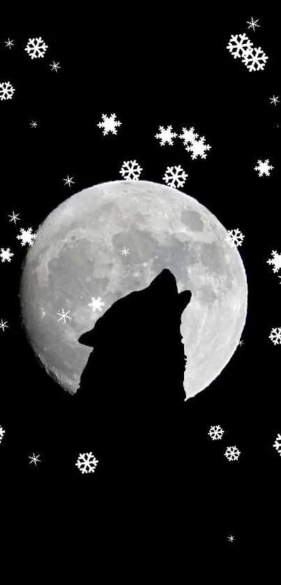 Wolf howling at the moon with snowflakes on a black background.