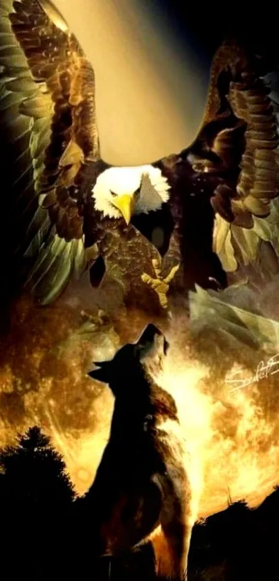 Wolf howling at the moon with eagle above.