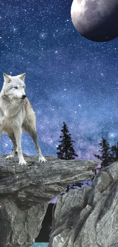 A wolf stands on a rocky cliff under a moonlit starry sky with a visible moon.