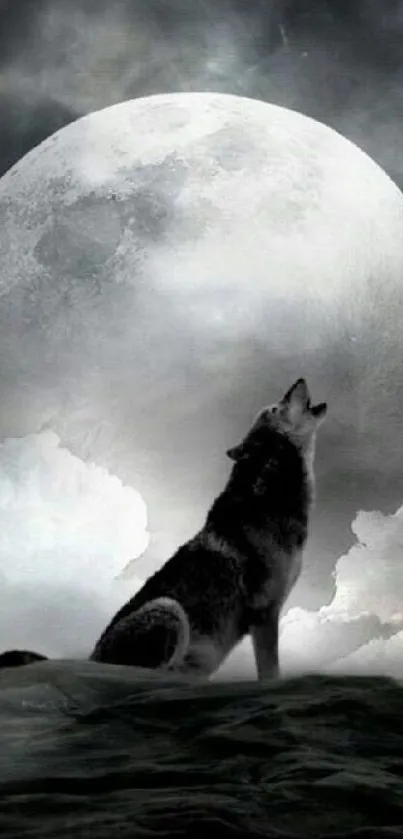 Wolf howling at the moon with clouds in the night sky.