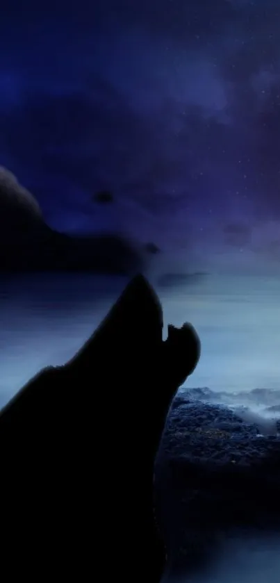 Wolf silhouette under a deep blue and purple night sky.