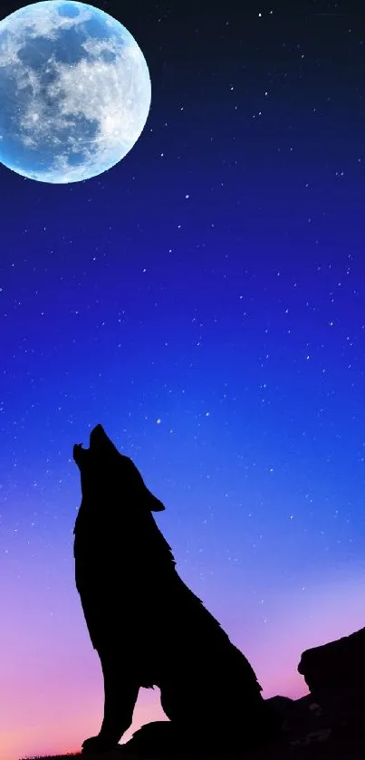 Wolf howling at the moon with a vivid blue sky and stars.