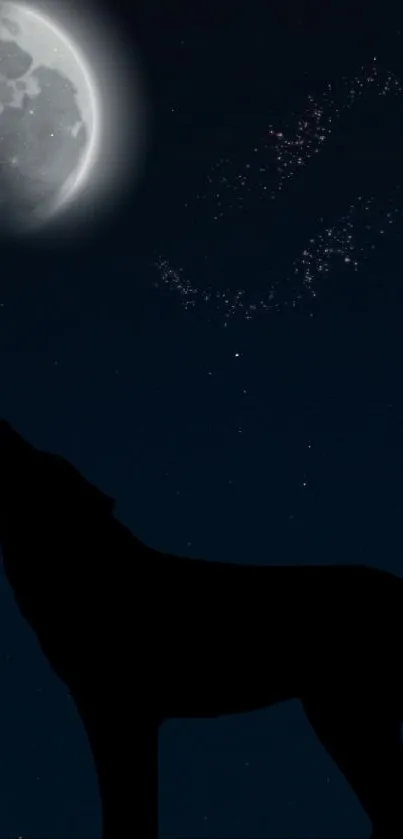 Silhouette of wolf howling at the moon on a dark blue night sky.