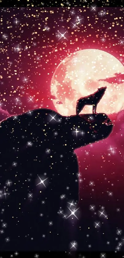 Wolf silhouette under a pink moon and stars.