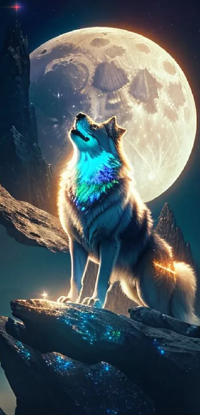 Wolf howling under a glowing full moon in a mystical fantasy scene.