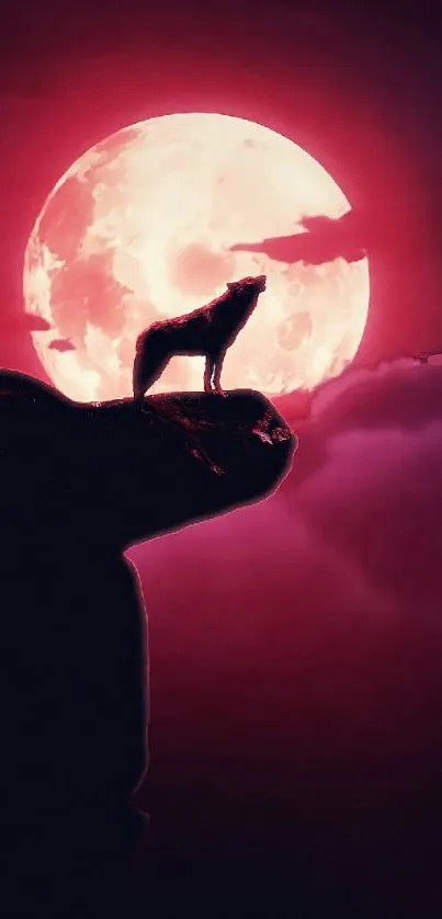 Silhouette of a wolf against a glowing red moon with dark clouds.