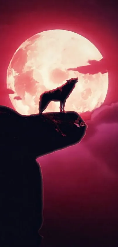 A wolf howls at a large red moon on a rocky cliff with a dark sky.