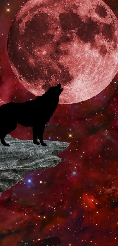 Wolf howling at a red moon with a cosmic background.