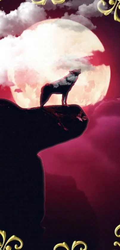 Wolf howling before a luminous red moon with clouds and ornate borders.