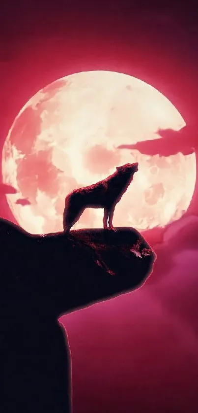 Wolf howling at a red moon on a cliff at night in dramatic silhouette.