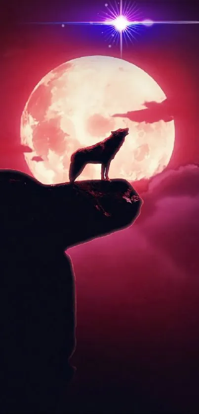 Wolf howling at a vibrant red moon with a starry background.