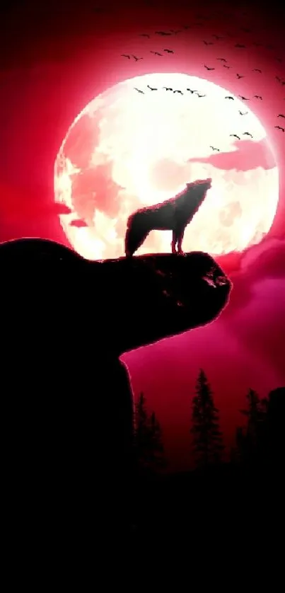 Wolf silhouetted against a red moonlit sky with trees.