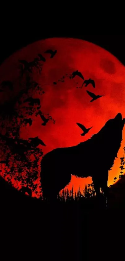 Wolf silhouetted against a red moon with birds flying.