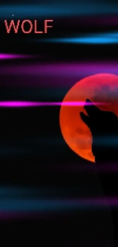 Silhouette of a wolf howling at a red moon on a dark background.