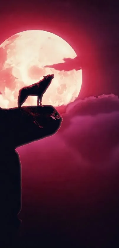 A wolf howling at the red moon with a dramatic night sky.