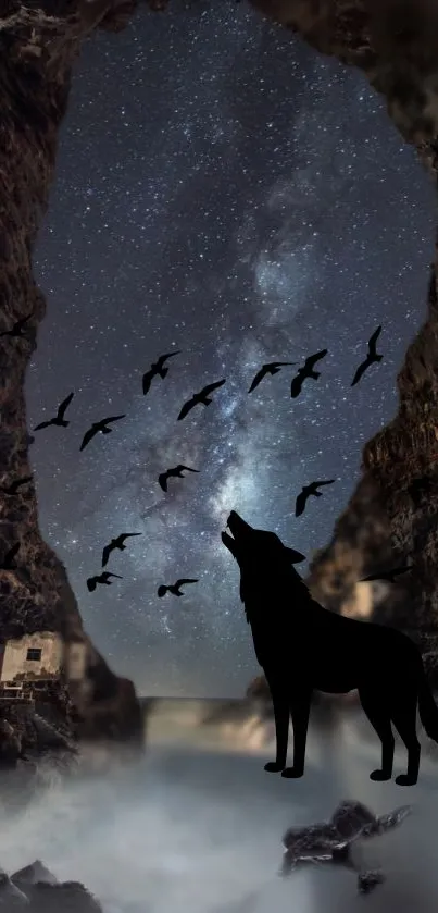 Silhouetted wolf with birds under a starry night sky.