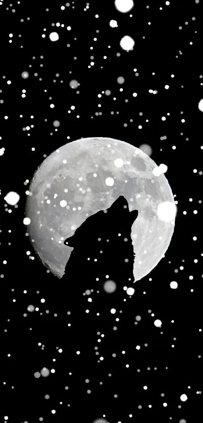 Silhouette of wolf howling at full moon with black night sky.