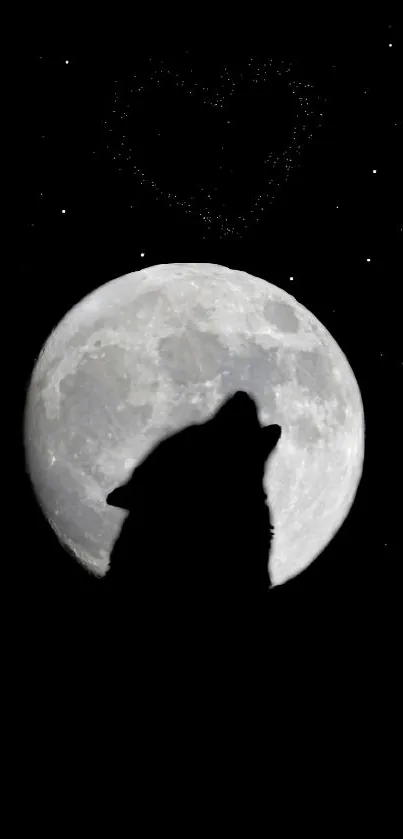 Silhouette of a wolf howling at the moon with a heart-shaped star pattern.