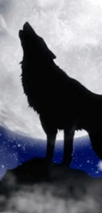 Wolf silhouette howling at full moon.