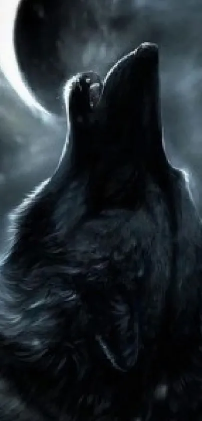 Majestic wolf howling at the moon in a dark, mystical landscape.