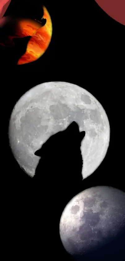 Silhouette of wolf howling at the moon in a starry night sky.