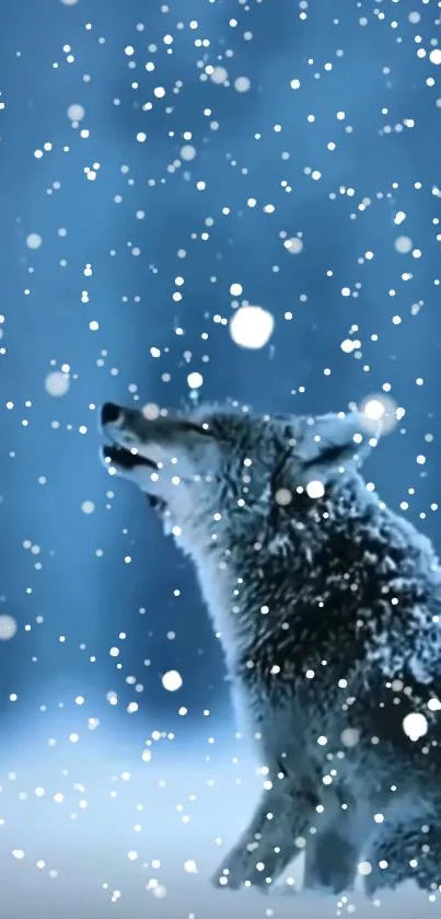 Wolf howling in a snowy blue landscape.