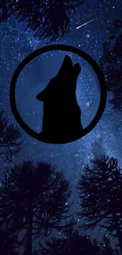 Silhouetted wolf howling at the starry night sky over dark forest.