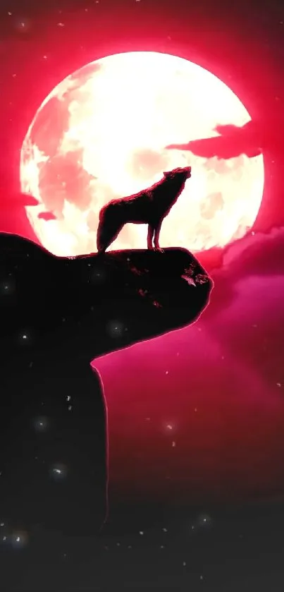 Silhouette of a wolf howling under a bright red moon on a cliff.