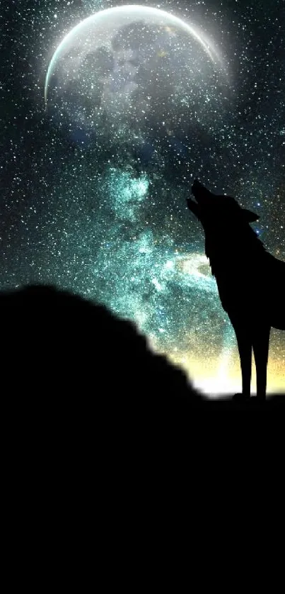 Silhouette of a howling wolf under a starry sky with a crescent moon.