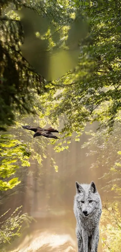 Majestic wolf standing in a sunlit forest with lush greenery.