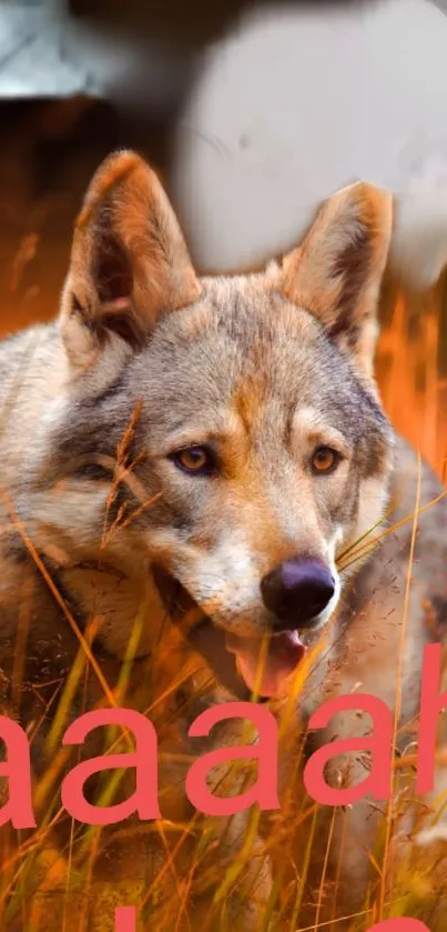 Majestic wolf in vibrant autumn grass mobile wallpaper.