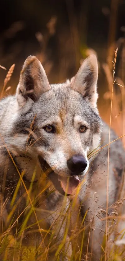 Wolf prowling through golden meadow in autumn.