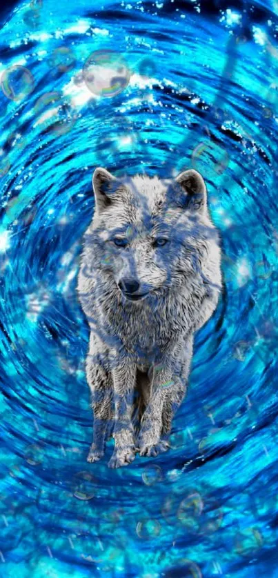 Majestic wolf emerging from a vibrant blue vortex background.