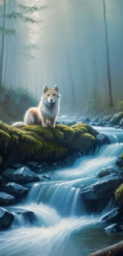 Wolf overlooking a serene forest stream, surrounded by misty trees.