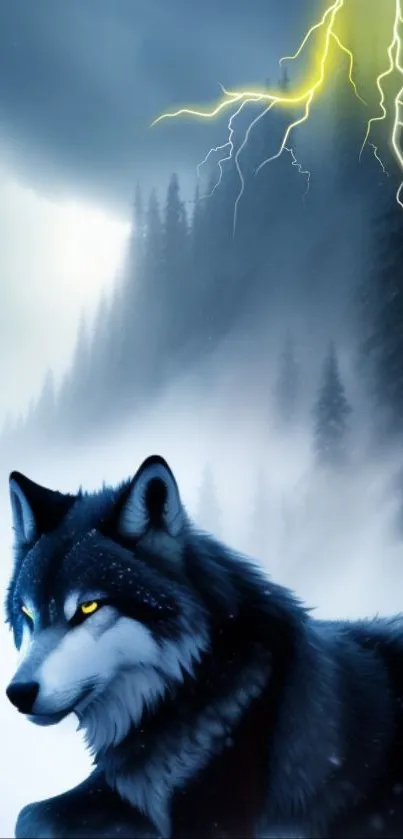 Lone wolf with stormy mist and lightning in the background.