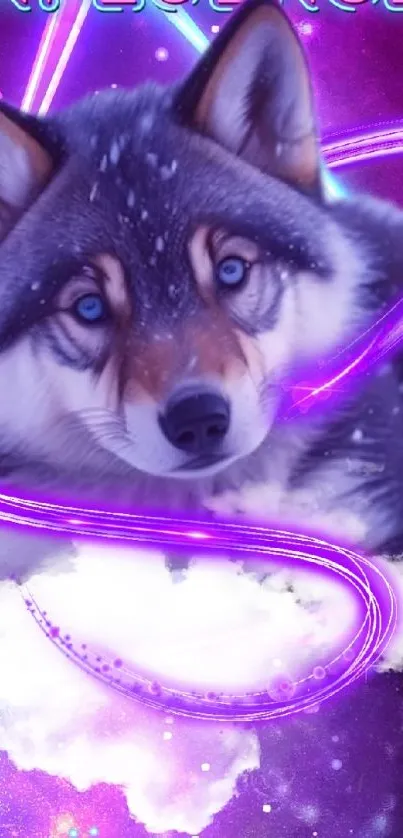 Wolf in a vibrant neon galaxy with cosmic elements.