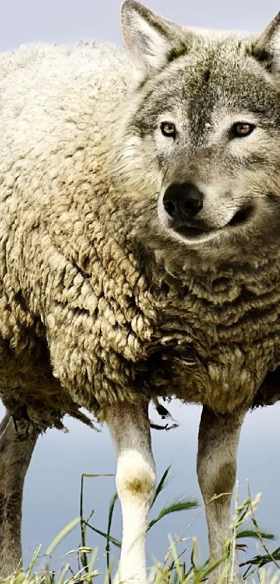 Wolf in sheep clothing on a grassy hill with blue sky.