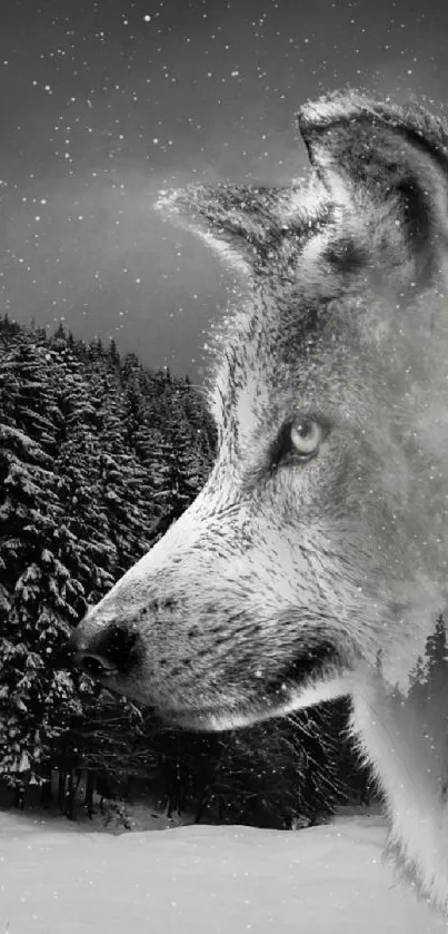 Wolf in a snowy forest with an artistic overlay effect.