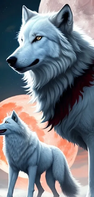 Majestic wolves under a vibrant moonlit sky, capturing natural beauty.